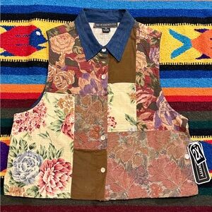 New Identity Patchwork Floral Vest with Denim Collar - Multicolor